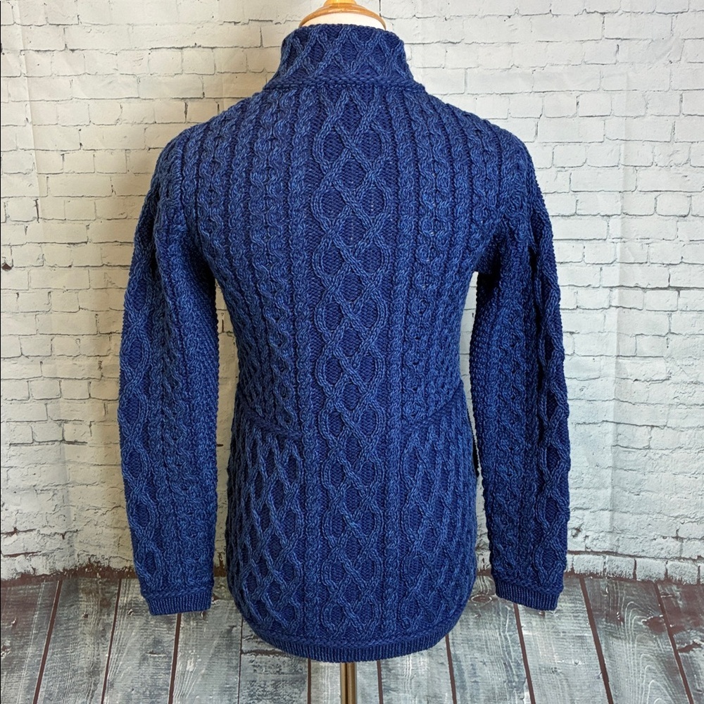 Aran Crafts‎ Ireland Blue Cable Knit Merino Wool Zip Cardigan Sweater S Cottage - Picture 12 of 16